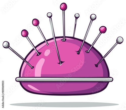 Illustrated pink pincushion with straight pins for sewing and dressmaking
