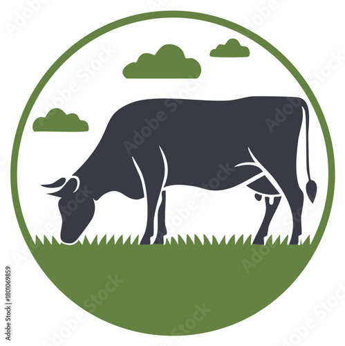 Cow Grazing in Grassy Field Illustration Design Animal Farm Concept Graphic
