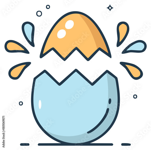 Stylized broken egg illustration with bursting fragments for new birth or idea concept