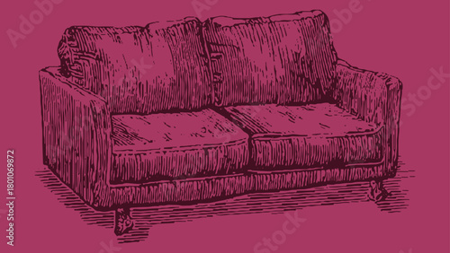 Vintage two seater sofa illustration in dark magenta and magenta couch furniture