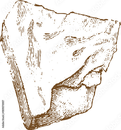 Brown ink sketch of a rough stone fragment with textured surface rock