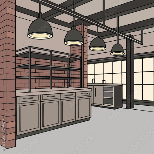 Industrial loft kitchen with black metal shelves, brick wall and concrete floor in flat 2D vector style