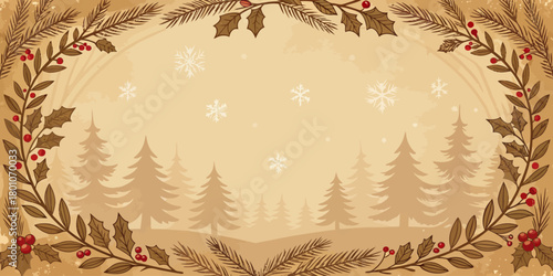 Christmas vector vintage christmas background with fir trees snowflakes and decorative holly berry frame border design
