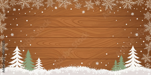 Christmas vector winter scene with wooden planks, snowflakes, snowdrifts and christmas trees illustration background