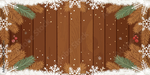 Christmas vector a festive wooden background with snowflakes, pine branches, and berries, perfect for winter holidays
