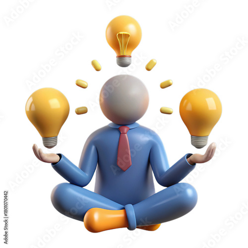 Stylized person meditating with light bulbs symbolizing ideas and innovation, isolated on transparent background