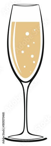 Elegant champagne flute with golden sparkling wine and bubbles vector illustration