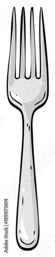 Illustrated image of a silver fork with four tines, a stem, and a simple design.
