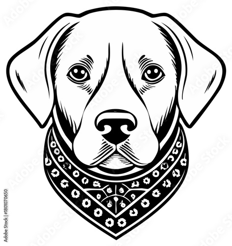 Dog wearing a Bandana vector illustration Black and white silhouette Line art of Labrador with bandana collar