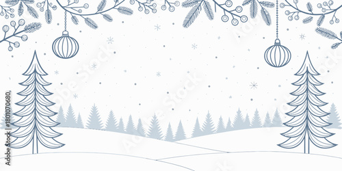 Christmas vector hand drawn christmas scene with trees ornaments branches and snow in a winter landscape design element