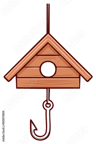 Cartoon style wooden birdhouse with a fishing hook hanging from it.