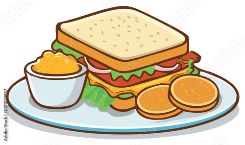 Cartoon illustration of a layered sandwich with ham and cheese served on a plate with dip and crackers