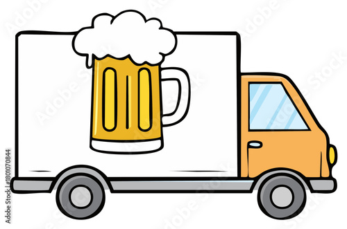 Cartoon delivery truck with giant beer mug graphic on its side transporting beverages