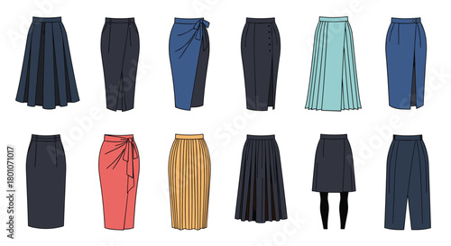 A diverse collection of women's skirts and pants in various styles, including pleated, wrap, pencil, and wide-leg designs, illustrated on a plain background.