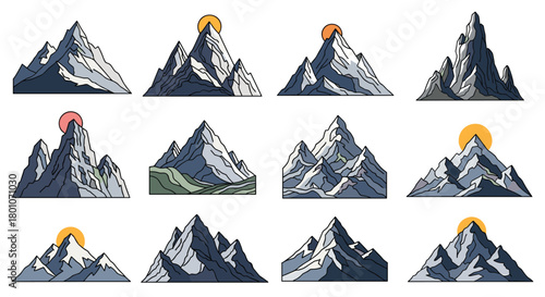 A collection of diverse pixel art mountain illustrations, showcasing majestic peaks, snow-capped ridges, and scenic sunrises or sunsets.