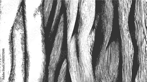 Abstract black and white textured background with vertical wavy lines and organic shapes vector