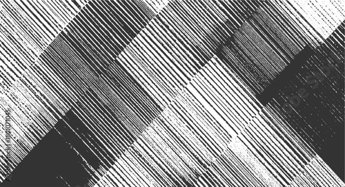 Black and white diagonal hatching pattern with rough texture and geometric blocks abstract background