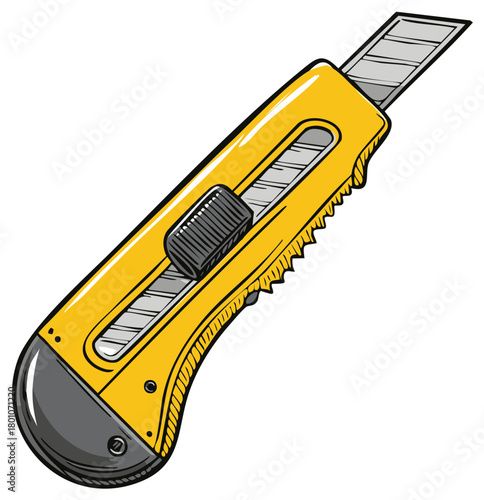 Illustration of a yellow utility knife with a grey blade in a flat, cartoon style