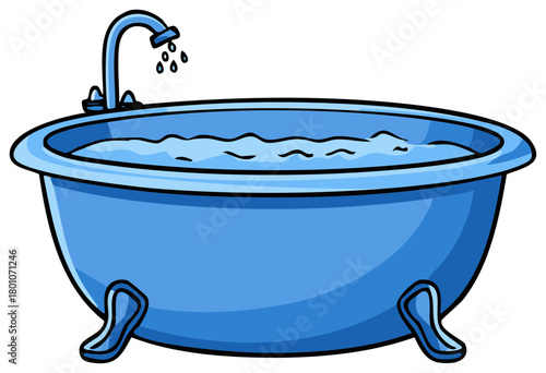 Cartoon style blue bathtub with water and running water from a faucet with four legs