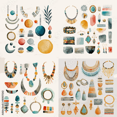Watercolor boho jewelry collection featuring necklaces earrings bracelets and geometric elements in warm earthy tones. Ideal for design projects crafts fashion themes and creative branding.
