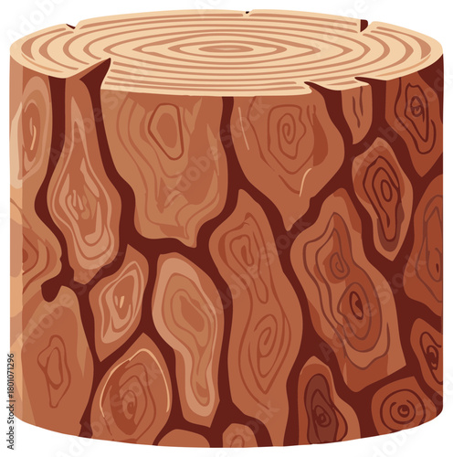 Stylized illustration of a cut tree trunk or stump with wood grain patterns and growth rings
