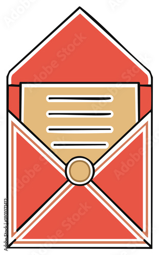 Open Red Envelope with Letter and Circle Seal, Vector Illustration Mail Communication Correspondence