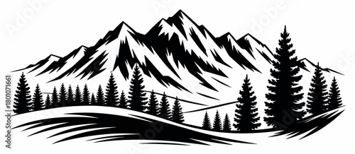 Black and white mountains with pine trees vector illustration