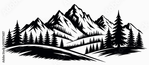 Black and white mountains with pine trees minimalist vector illustration