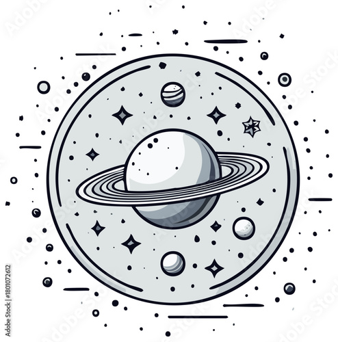 Grayscale cosmic scene featuring a ringed planet, stars, and celestial bodies in abstract outer space illustration.