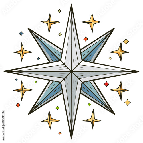 Stylized compass rose illustration with glittering star accents and geometric diamonds