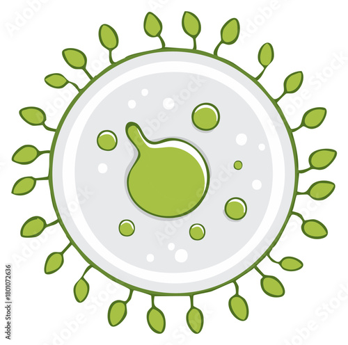 Abstract Green Microorganism with Organic Leaf-Like Protrusions and Internal Cellular Structures