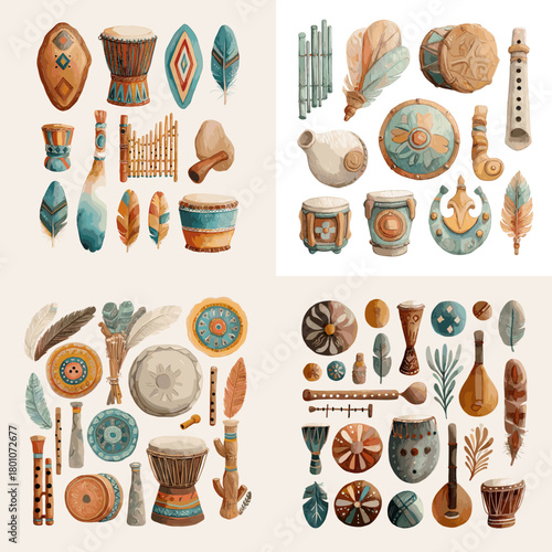 Watercolor tribal musical instruments with drums flutes rattles and lutes in teal and ochre. Ethnic folk clipart isolated on white for festival posters, labels, and cultural branding.