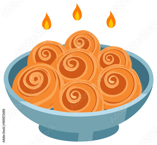 Hot freshly baked cinnamon rolls in a blue bowl isolated vector illustration