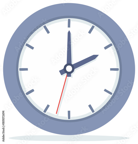 Blue round clock with white face and dark hands measuring time punctually icon illustration