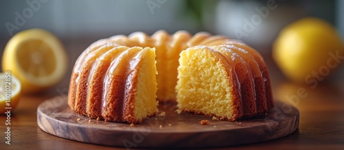 Delicious lemon bundt cake sliced on wooden board with lemons.