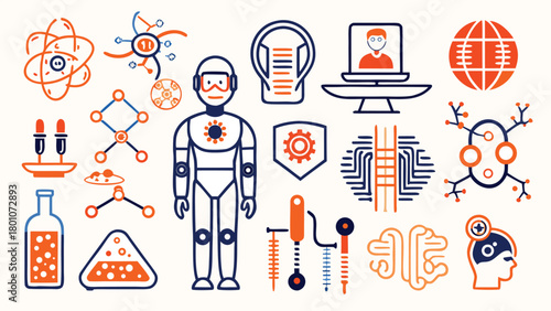 Biohacking, Biotechnology, and Transhumanism Illustration Set – DNA, Nanotechnology, and Biometric Data