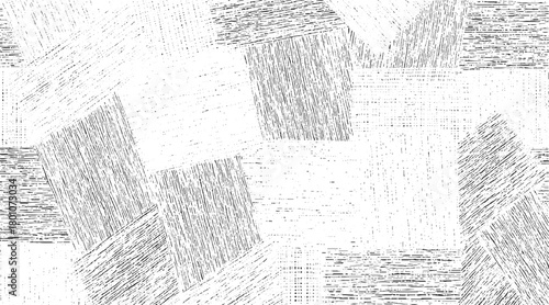 Black and white abstract pattern of overlapping textured squares and rectangles with hatching lines and dots