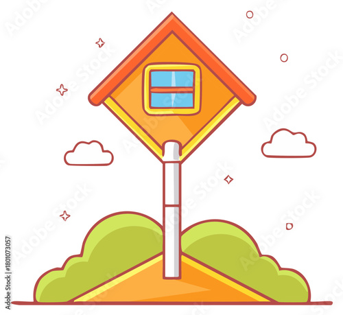 Whimsical cartoon birdhouse with a window on a tall pole amidst green bushes and clouds.