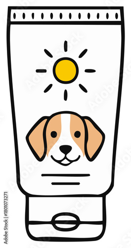 Cartoon dog face sunscreen bottle with sun symbol for pet sun protection and summer care