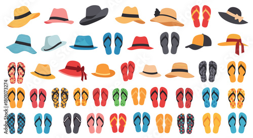 A colorful collection of diverse summer hats and flip-flops, perfect for beach vacations and warm weather leisure.