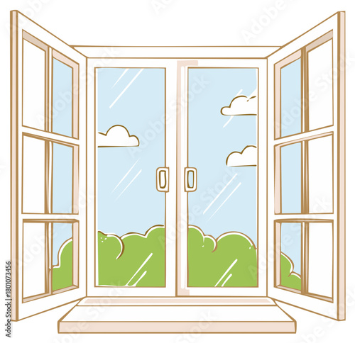Open window frame illustration with garden view and cloudy sky