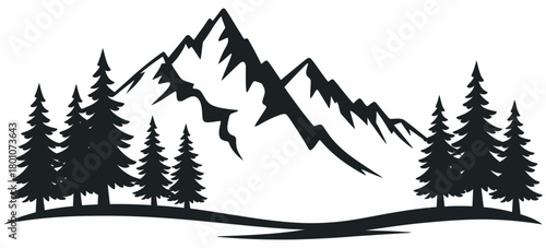 Black silhouette mountains and fir trees camping adventure panorama vector icon