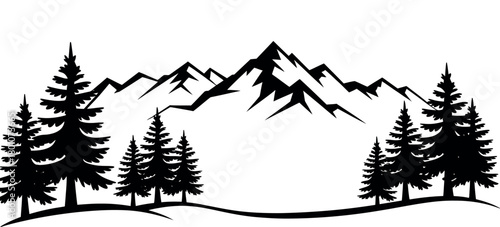 Black silhouette mountains and fir trees camping adventure wildlife landscape panorama vector icon for logo