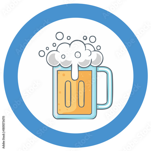 Cartoon beer mug with frothy head and bubbles inside a blue circle icon graphic illustration