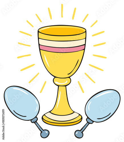 Hand-drawn golden glowing chalice illustration with two magnifying glasses for search concept
