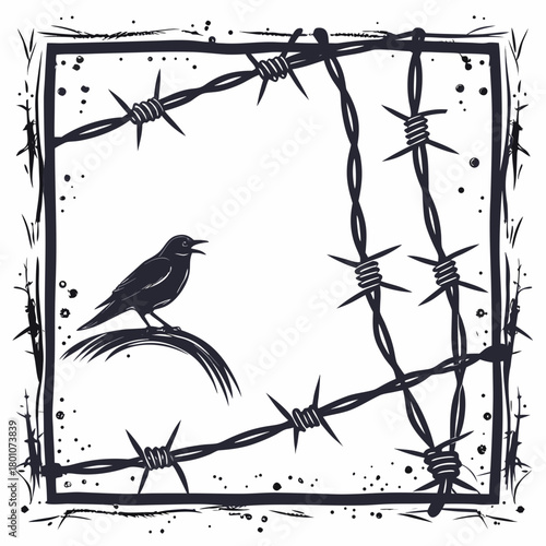 Starling on barbed wire isolated on, vector illustration