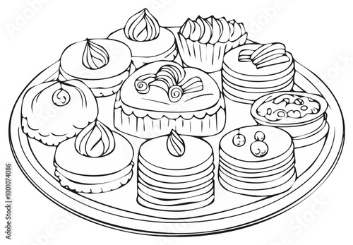 Black and white line art drawing of assorted sweet pastries cakes and desserts on a round platter for coloring