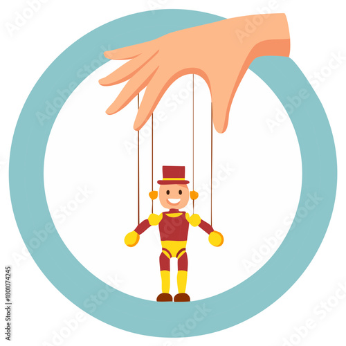 Hand controlling a marionette puppet with strings creating a circular frame around the scene