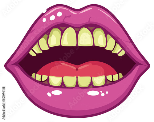 Cartoon illustration of open mouth with yellow teeth, pink lips and tongue