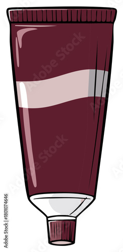 Hand-drawn illustration of a maroon colored squeeze tube with a light stripe and ribbed cap